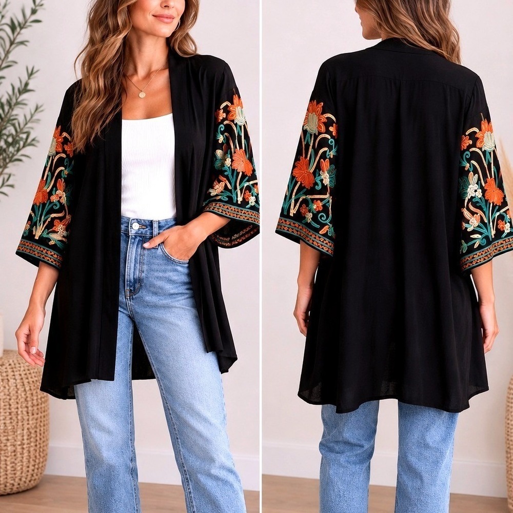 Hot & Delicious Black Floral Embroidered Kimono Cardigan Boho Open Front Size S